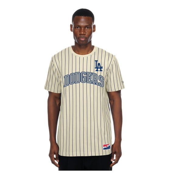 Men's New Era Cream Los Angeles Dodgers Throwback Meshback Pinstripe T-Shirt