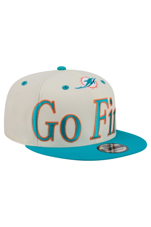 Men's New Era Cream Miami Dolphins Oversized Slogan 9FIFTY Snapback Hat