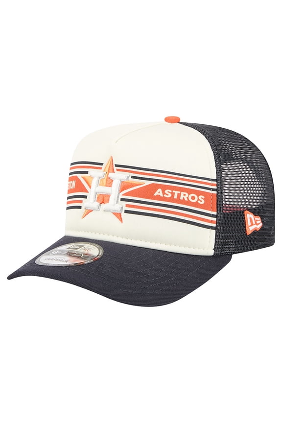Men's New Era Cream/Navy Houston Astros Banner A-Frame 9FIFTY Trucker Snapback Hat