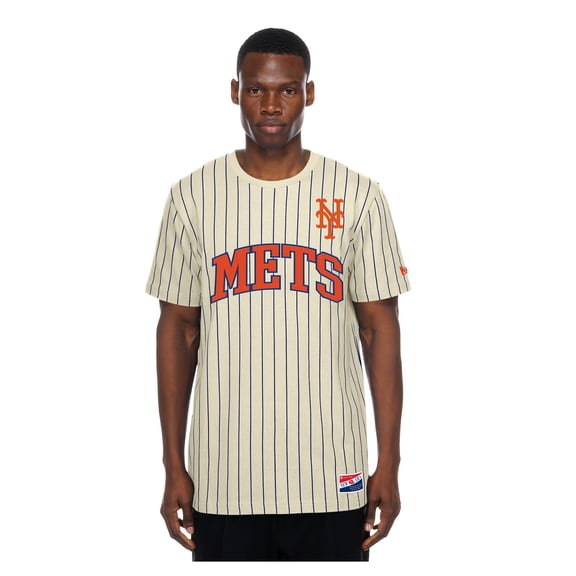 Men's New Era Cream New York Mets Throwback Meshback Pinstripe T-Shirt