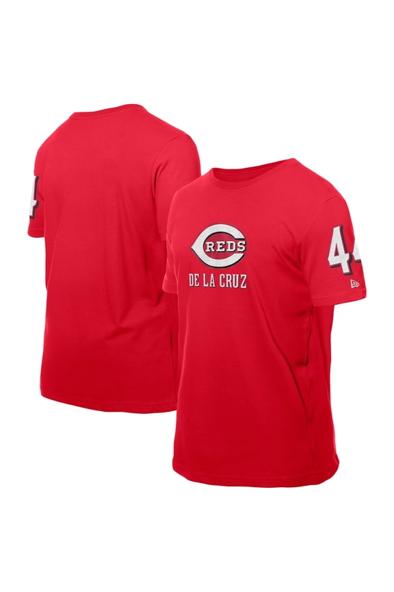 Men's New Era Elly De La Cruz Red Cincinnati Reds Design Lab Name & Number T-Shirt
