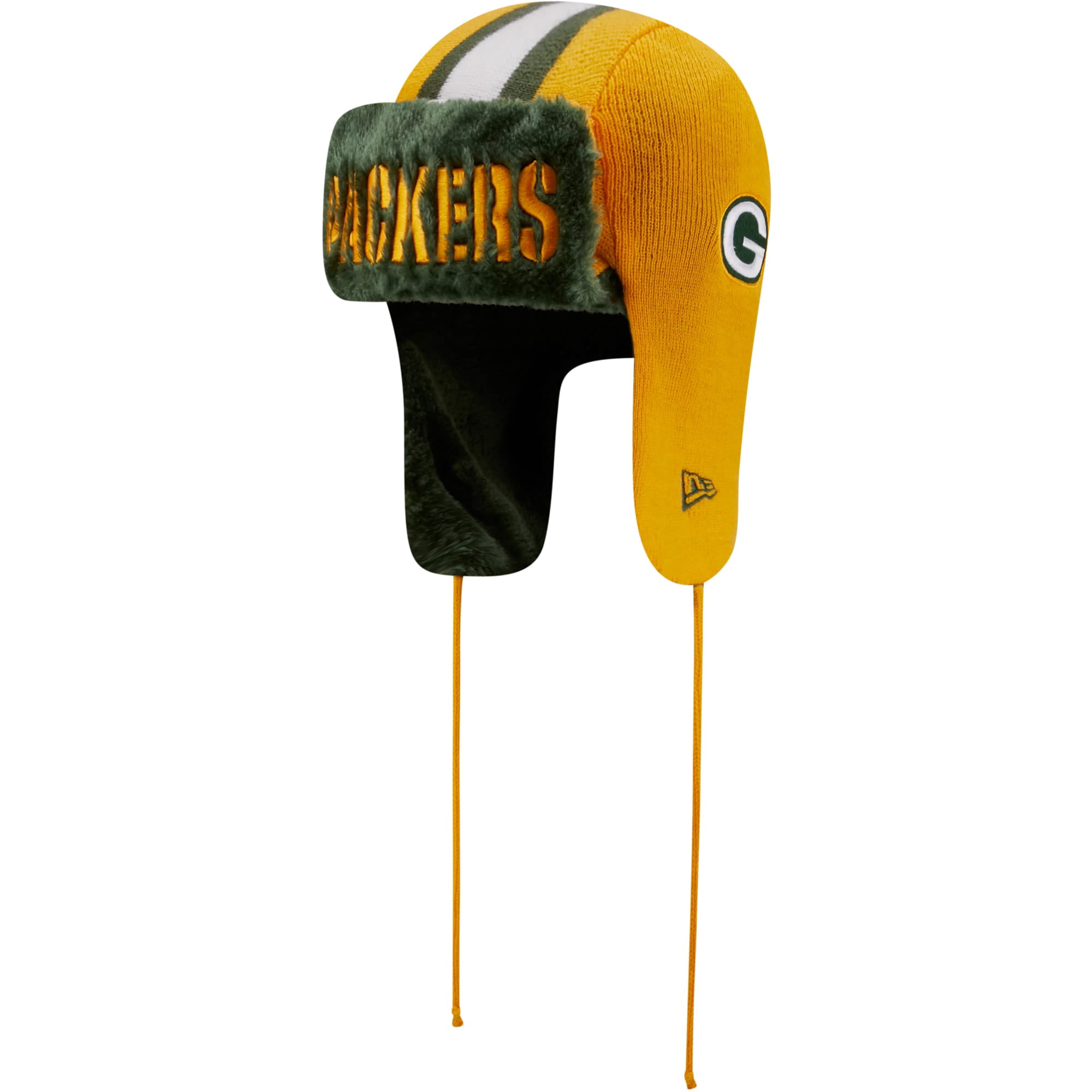 Men's New Era Gold Green Bay Packers Helmet Head Trapper Knit Hat - OSFA 