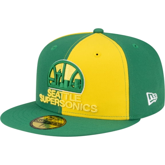 Men's New Era Gold/Green Seattle SuperSonics 80s Throwback Pinwheel 59FIFTY Fitted Hat