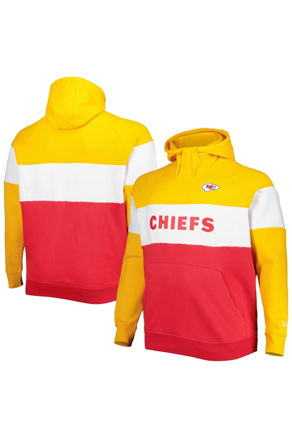 Men's New Era Gold/Red Kansas City Chiefs Big & Tall Current Team Colorblock Fleece Raglan Pullover Hoodie