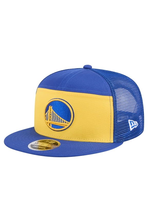 Men's New Era Gold/Royal Golden State Warriors Outdoor Split Panel 9FIFTY Snapback Hat