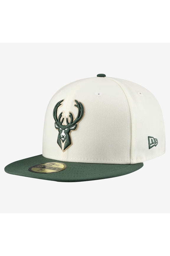Men's New Era White/Hunter Green Milwaukee Bucks Chrome 59FIFTY Fitted Hat
