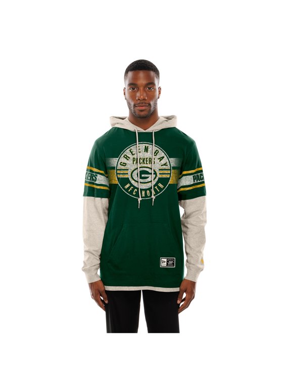 Men's New Era Green Green Bay Packers Twofer Layered Long Sleeve Hooded T-Shirt