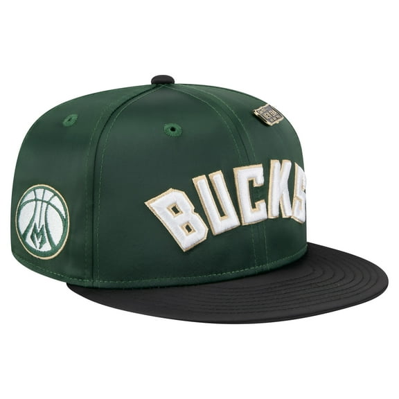 Men's-New Era Hunter Green/Black Milwaukee Bucks Throwback Satin Vintage Pin Two-Tone 59FIFTY Fitted Hat