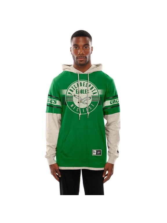 Men's New Era Kelly Green Philadelphia Eagles Twofer Layered Long Sleeve Hooded T-Shirt