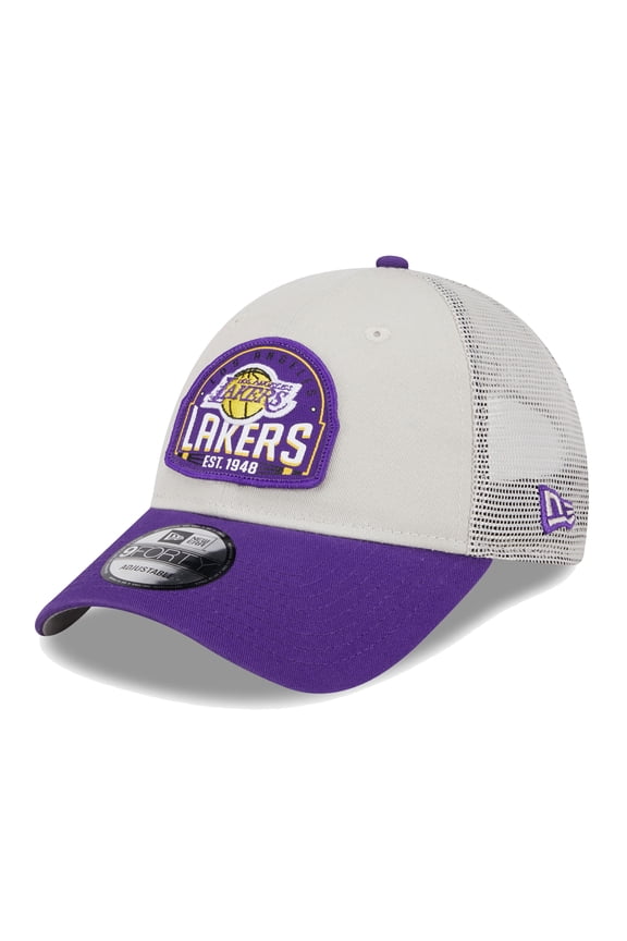 Men's New Era Khaki/Purple Los Angeles Lakers Throwback Patch Trucker 9FORTY Adjustable Hat