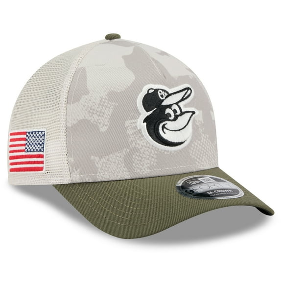 Men's New Era Light Beige/Olive Baltimore Orioles 2025 Armed Forces Day 9FORTY M-Crown A-Frame Adjustable Hat