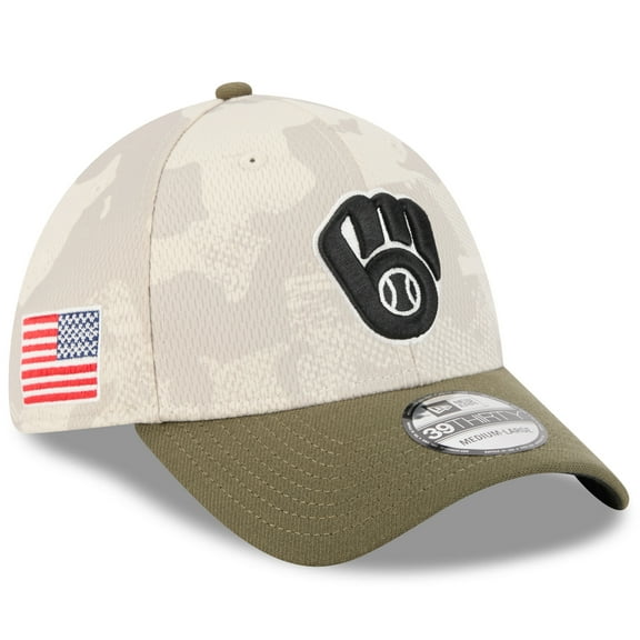 Men's New Era Light Beige/Olive Milwaukee Brewers 2025 Armed Forces Day 39THIRTY Flex Hat