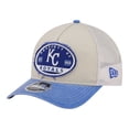 thumbnail image 1 of Men's New Era  Light Beige/Royal Kansas City Royals Frayed M-Crown A-Frame 9FORTY Trucker Adjustable Hat, 1 of 5