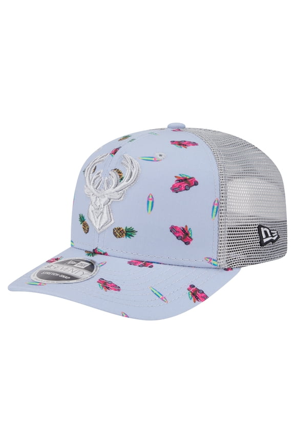 Men's New Era Light Blue/Gray Milwaukee Bucks Adventure Aloha Pattern 9SEVENTY Stretch-Snap Hat