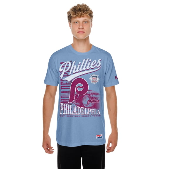 Men's New Era Light Blue Philadelphia Phillies  Oversized Throwback Distressed T-Shirt
