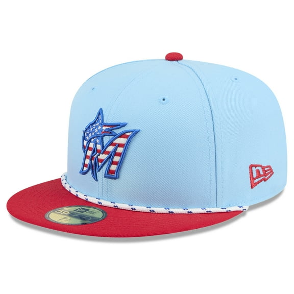 Men's New Era Light Blue/Red Miami Marlins 2025 Fourth of July 59FIFTY Fitted Hat