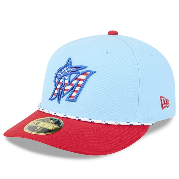 Men's New Era Light Blue/Red Miami Marlins 2025 Fourth of July Low Profile 59FIFTY Fitted Hat