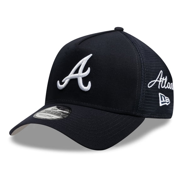 Men's New Era Navy Atlanta Braves Side Script 9FORTY A-Frame Trucker Adjustable Hat