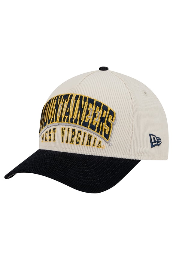 Men's New Era Navy/Cream West Virginia Mountaineers Arch Two-Tone Corduroy 9FORTY A-Frame Adjustable Hat