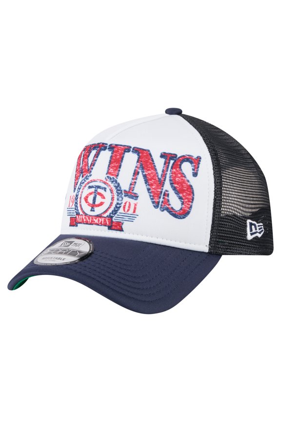 Men's New Era White/Navy Minnesota Twins Distressed 9FORTY A-Frame Adjustable Trucker Hat