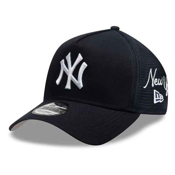 Men's New Era Navy New York Yankees Side Script 9FORTY A-Frame Trucker Adjustable Hat