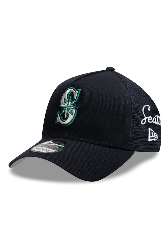Men's New Era Navy Seattle Mariners Side Script 9FORTY A-Frame Trucker Adjustable Hat
