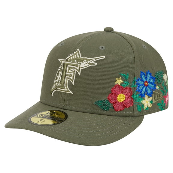 Men's New Era Olive Florida Marlins Cooperstown-Collection Tonal Florals 59FIFTY Fitted Hat