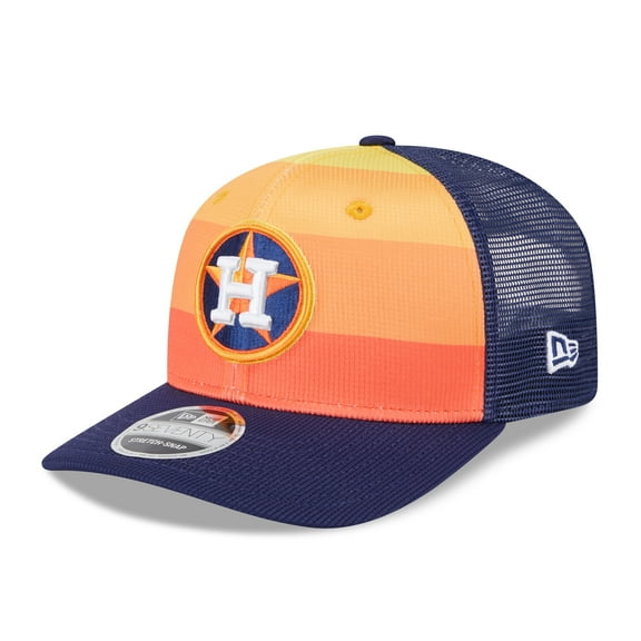 Men's New Era Orange/Navy Houston Astros 2025 Batting Practice 9SEVENTY Stretch-Snap Trucker Hat
