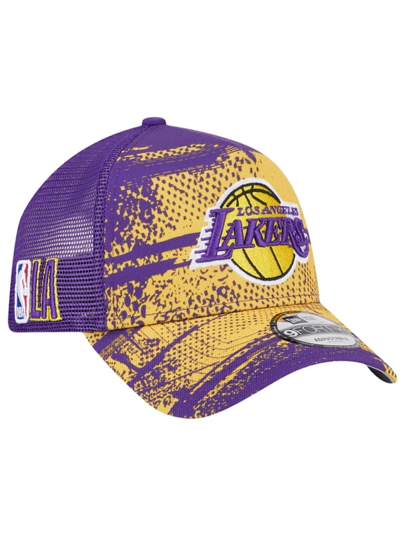 Men's New Era Purple/Gold Los Angeles Lakers Tip Off A-Frame Trucker 9FORTY Adjustable Hat