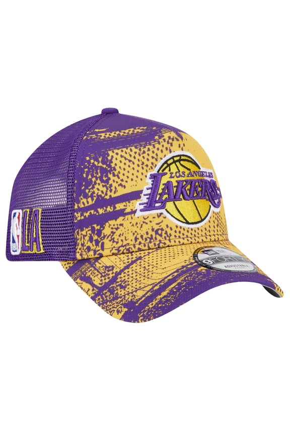 Men's New Era Purple/Gold Los Angeles Lakers Tip Off A-Frame Trucker 9FORTY Adjustable Hat