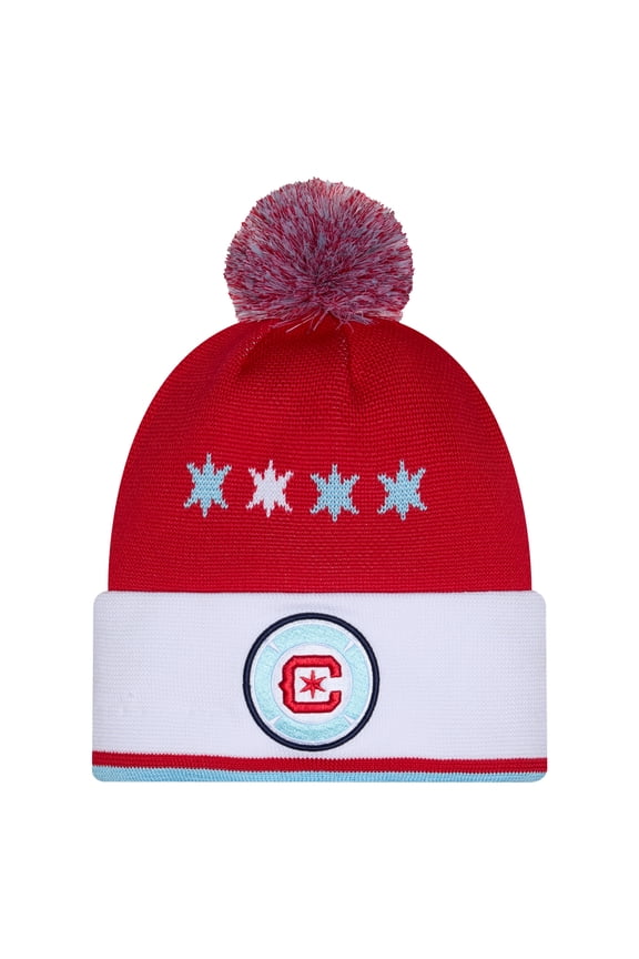 Men's New Era Red Chicago Fire 2026 Jersey Hook Cuffed Knit Hat with Pom