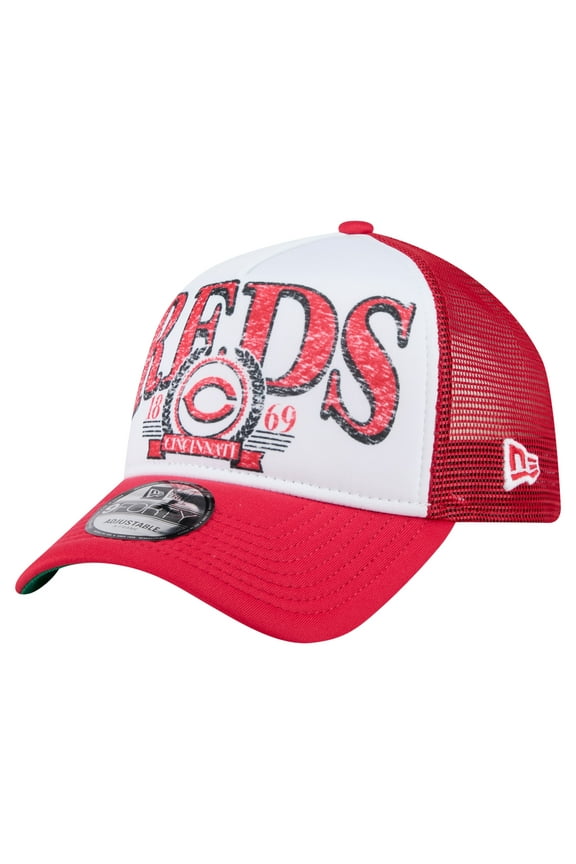 Men's New Era White/Red Cincinnati Reds Distressed 9FORTY A-Frame Adjustable Trucker Hat