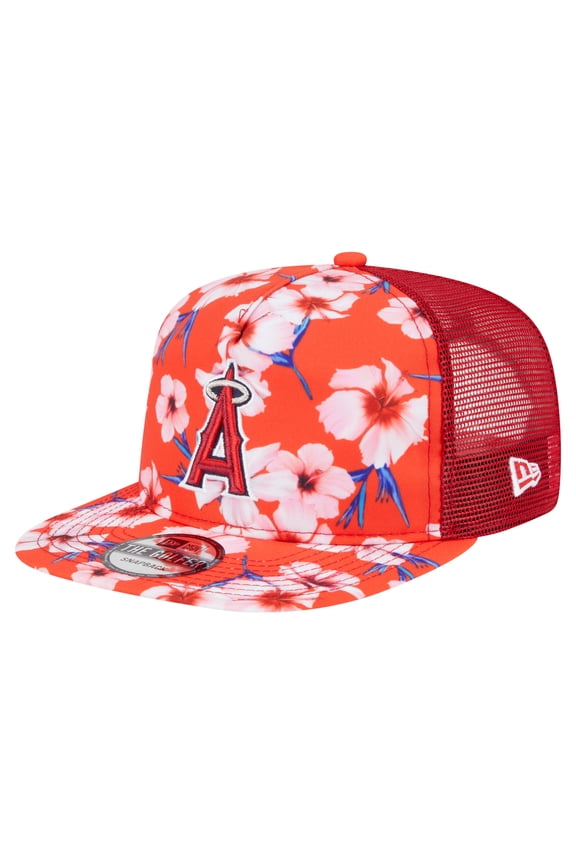 Men's New Era Red Los Angeles Angels Adventure Pattern Golfer Trucker Snapback Hat