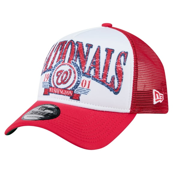 Men's New Era Red Washington Nationals Distressed 9FORTY A-Frame Adjustable Trucker Hat