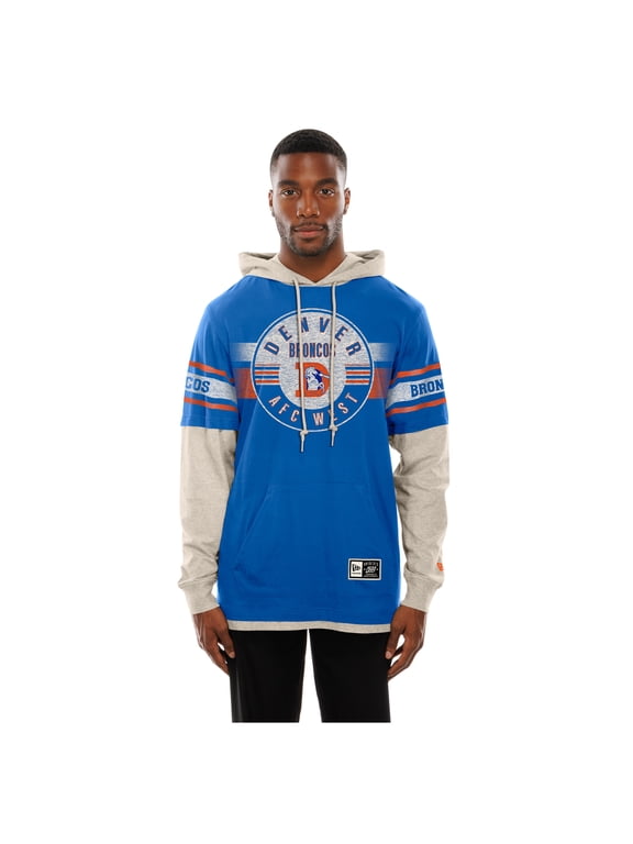Men's New Era Royal Denver Broncos Twofer Layered Long Sleeve Hooded T-Shirt