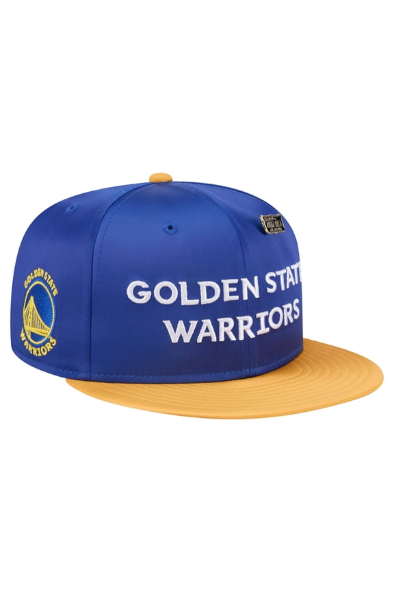 Men's-New Era Royal/Gold Golden State Warriors Throwback Satin Vintage Pin Two-Tone 59FIFTY Fitted Hat