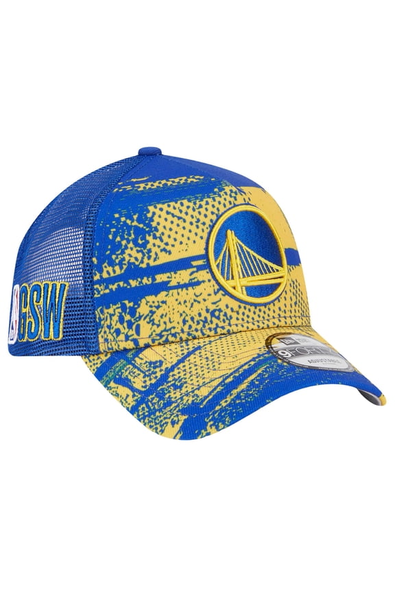 Men's New Era Royal/Gold Golden State Warriors Tip Off A-Frame Trucker 9FORTY Adjustable Hat