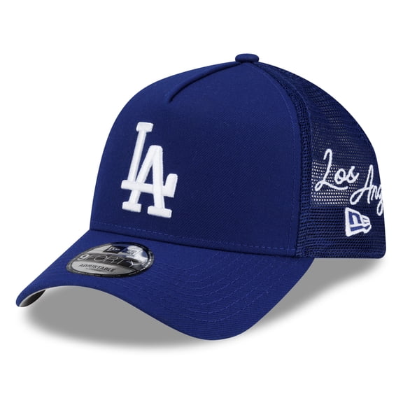 Men's New Era Royal Los Angeles Dodgers Side Script 9FORTY A-Frame Trucker Adjustable Hat