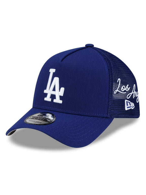 Men's New Era Royal Los Angeles Dodgers Side Script 9FORTY A-Frame Trucker Adjustable Hat