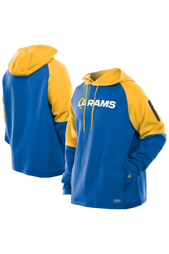 Men's New Era Royal Los Angeles Rams Combine Authentic Color Block Raglan Pullover Hoodie