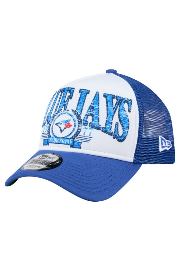 Men's New Era White/Royal Toronto Blue Jays Distressed 9FORTY A-Frame Adjustable Trucker Hat