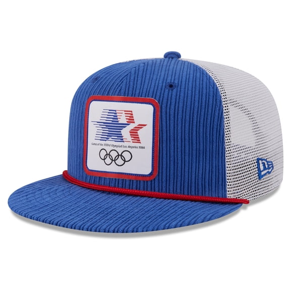 Men's New Era Royal/White Olympic Games LA84 Rope 9FIFTY Snapback Trucker Hat