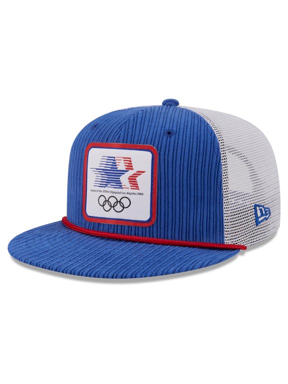 Men's New Era Royal/White Olympic Games LA84 Rope 9FIFTY Snapback Trucker Hat