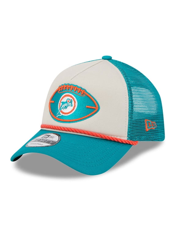Men's New Era Stone/Aqua Miami Dolphins 2024 Sideline Historic 9FORTY A-Frame Trucker Adjustable Hat