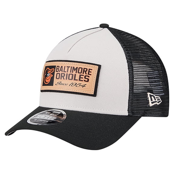 Men's New Era Stone/Black Baltimore Orioles Text A-Frame Trucker 9FORTY Hat