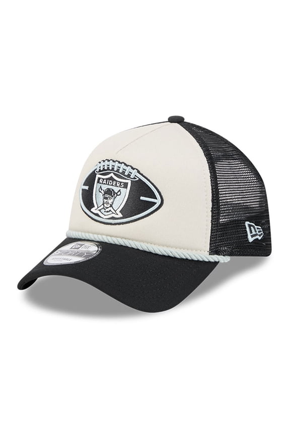 Men's New Era Stone/Black Las Vegas Raiders 2024 Sideline Historic 9FORTY A-Frame Trucker Adjustable Hat
