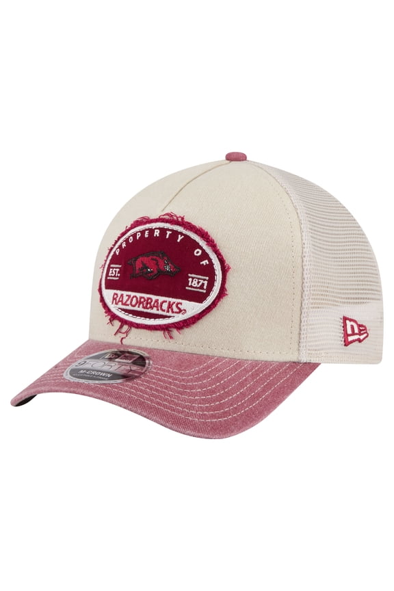 Men's New Era Stone/Cardinal Arkansas Razorbacks Frayed Patch 9FORTY M-Crown A-Frame Trucker Adjustable Hat