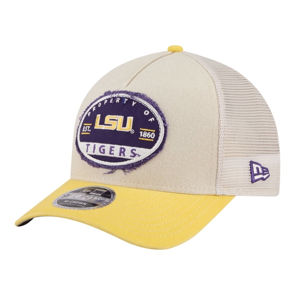 Men's New Era  Stone/Gold LSU Tigers Frayed Patch 9FORTY M-Crown A-Frame Trucker Adjustable Hat
