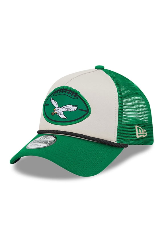 Men's New Era Stone/Kelly Green Philadelphia Eagles 2024 Sideline Historic 9FORTY A-Frame Trucker Adjustable Hat