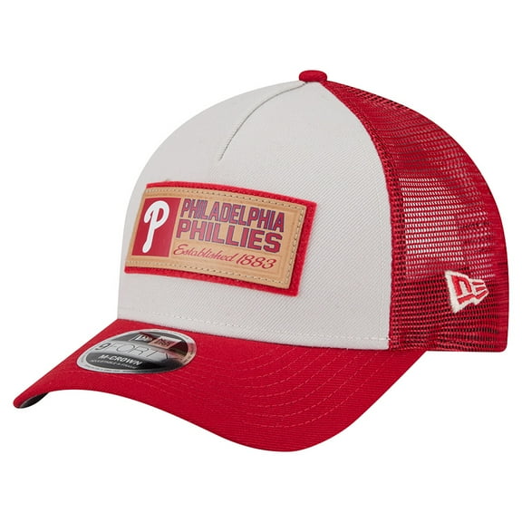 Men's New Era Stone/Red Philadelphia Phillies Text A-Frame Trucker 9FORTY Hat
